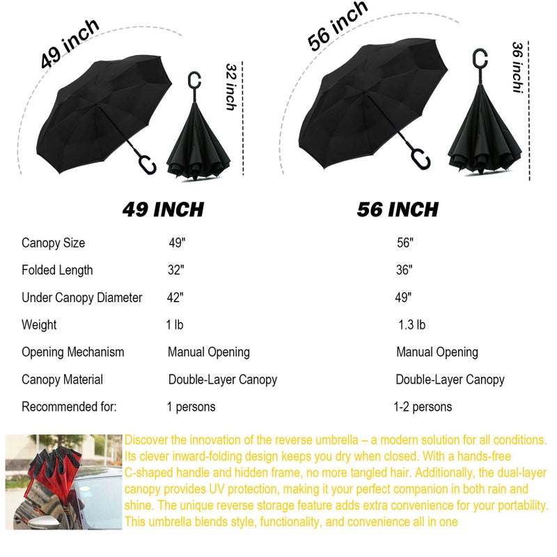 SIEPASA 49/56 Inch Inverted Reverse Upside Down Umbrella, Extra Large Double Canopy Vented Windproof Waterproof Stick Golf Umbrellas with C-shape Handle.ï¼ˆBlack, 49 Inch - Image 2